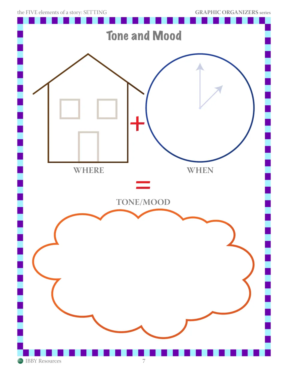 Tone and Mood: students write where and when the story happens, then explain the resulting tone and mood in a cloud shape