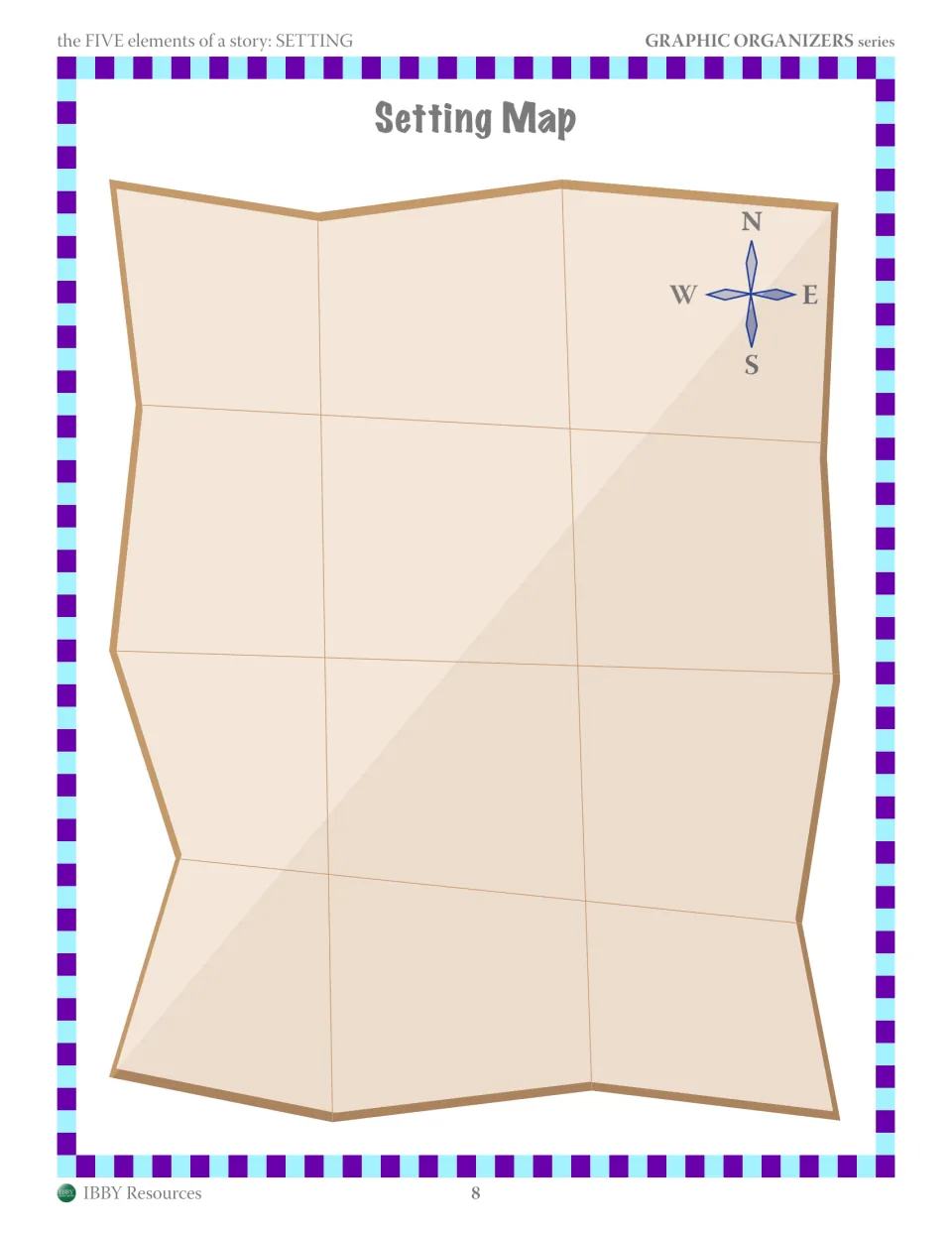 Setting Map: students draw a map of the story's important places on a folded paper map with a compass rose