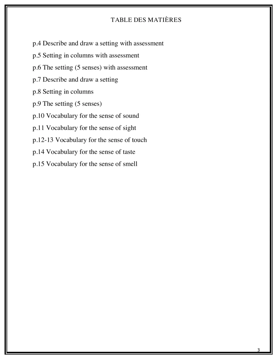 Contents page listing setting activities on pages 4 to 9 and vocabulary lists for sound, sight, touch, taste and smell