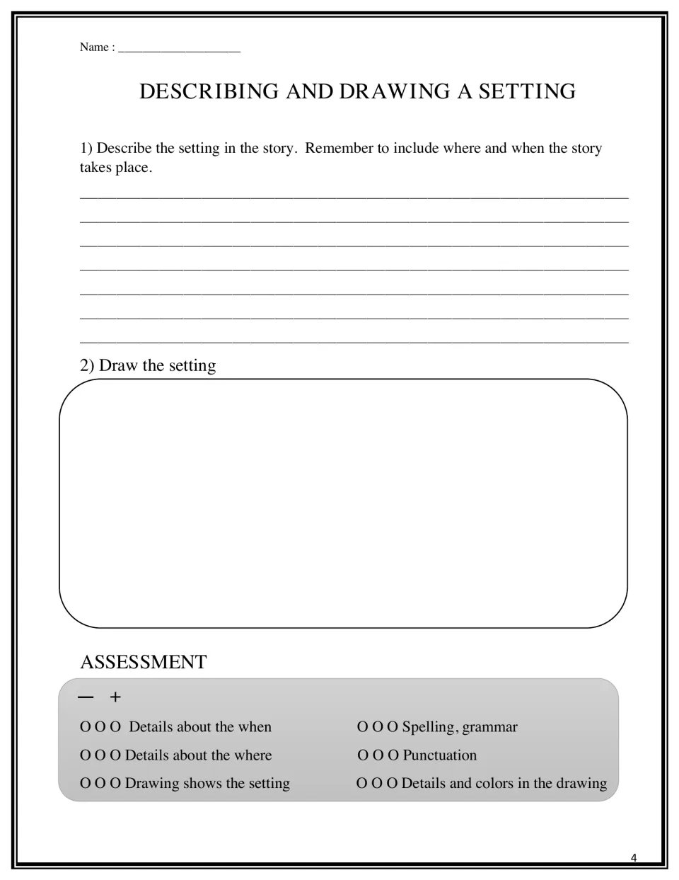 Describing and drawing a setting: students write where and when the story takes place, draw it and are scored on a rubric