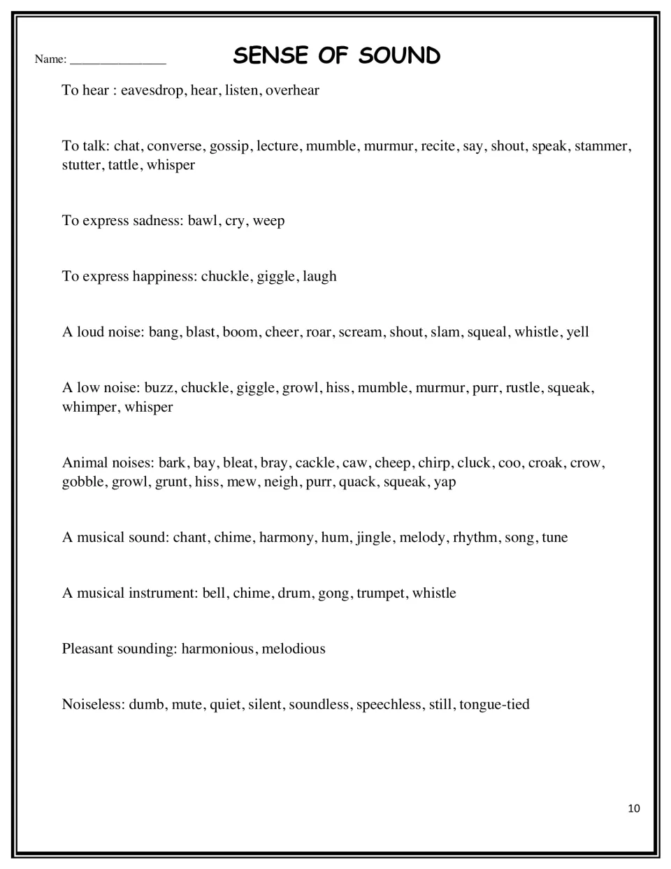 Sense of sound word bank grouping words for hearing, talking, loud and low noises, animal noises, music and silence