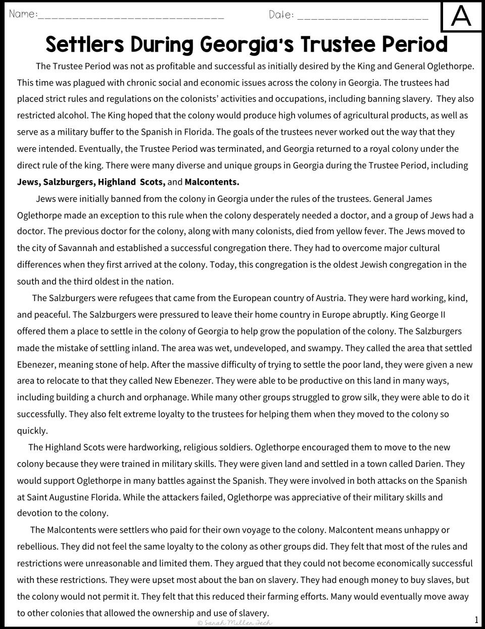 Version A reading passage about Georgia's Trustee Period: Jews, Salzburgers, Highland Scots, and Malcontents