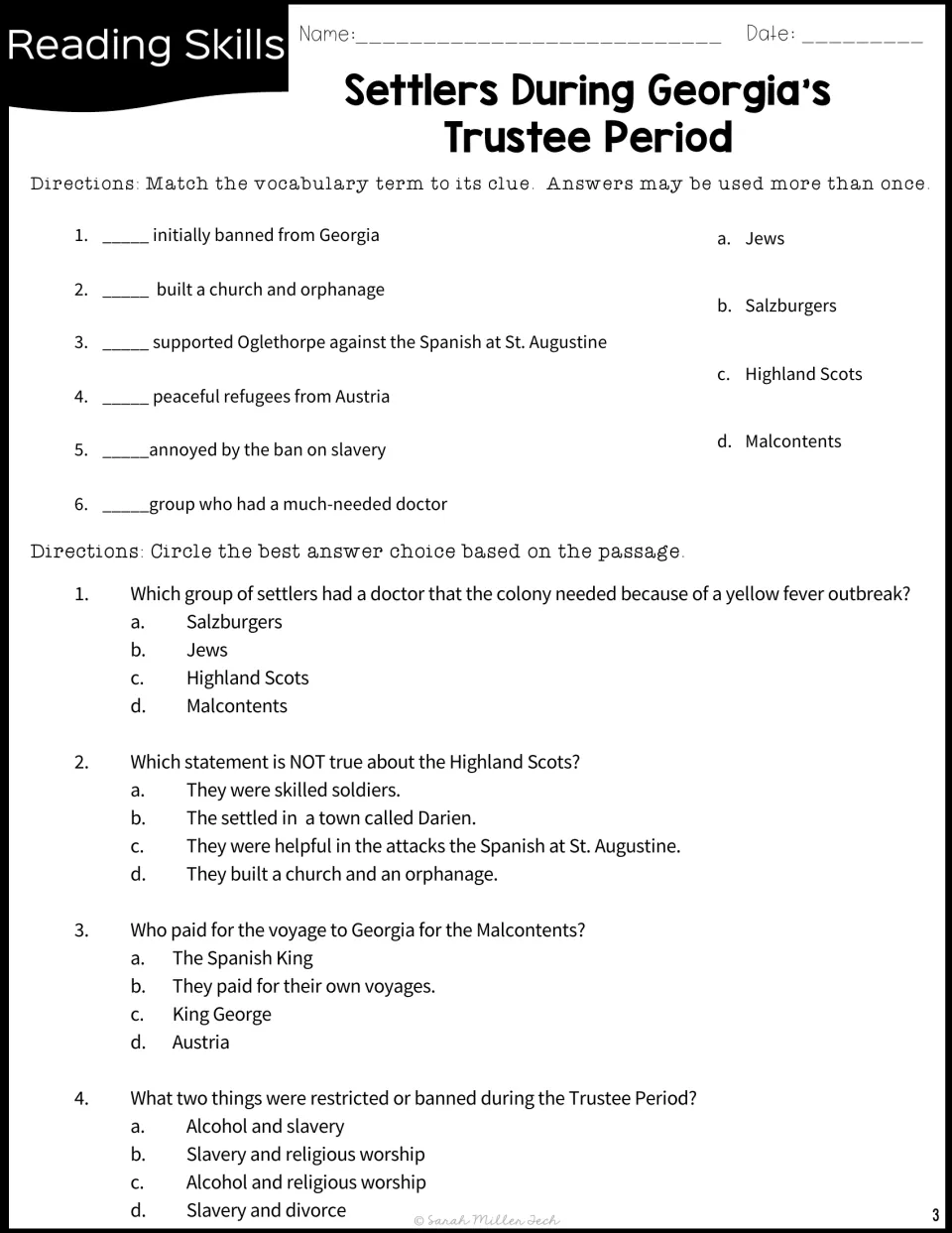 Six settler-group matching clues and four multiple-choice questions about Georgia's Trustee Period