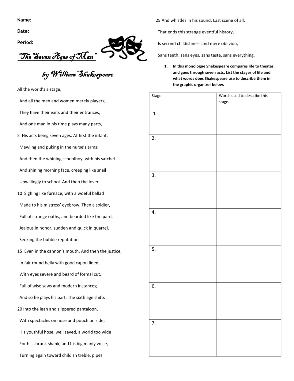 Shakespeare's "The Seven Ages of Man" text: students list the seven life stages and the words used to describe each