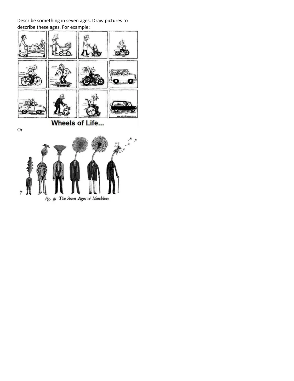 Creative extension: students describe something in seven ages and draw it, with Wheels of Life and Mandelion cartoons
