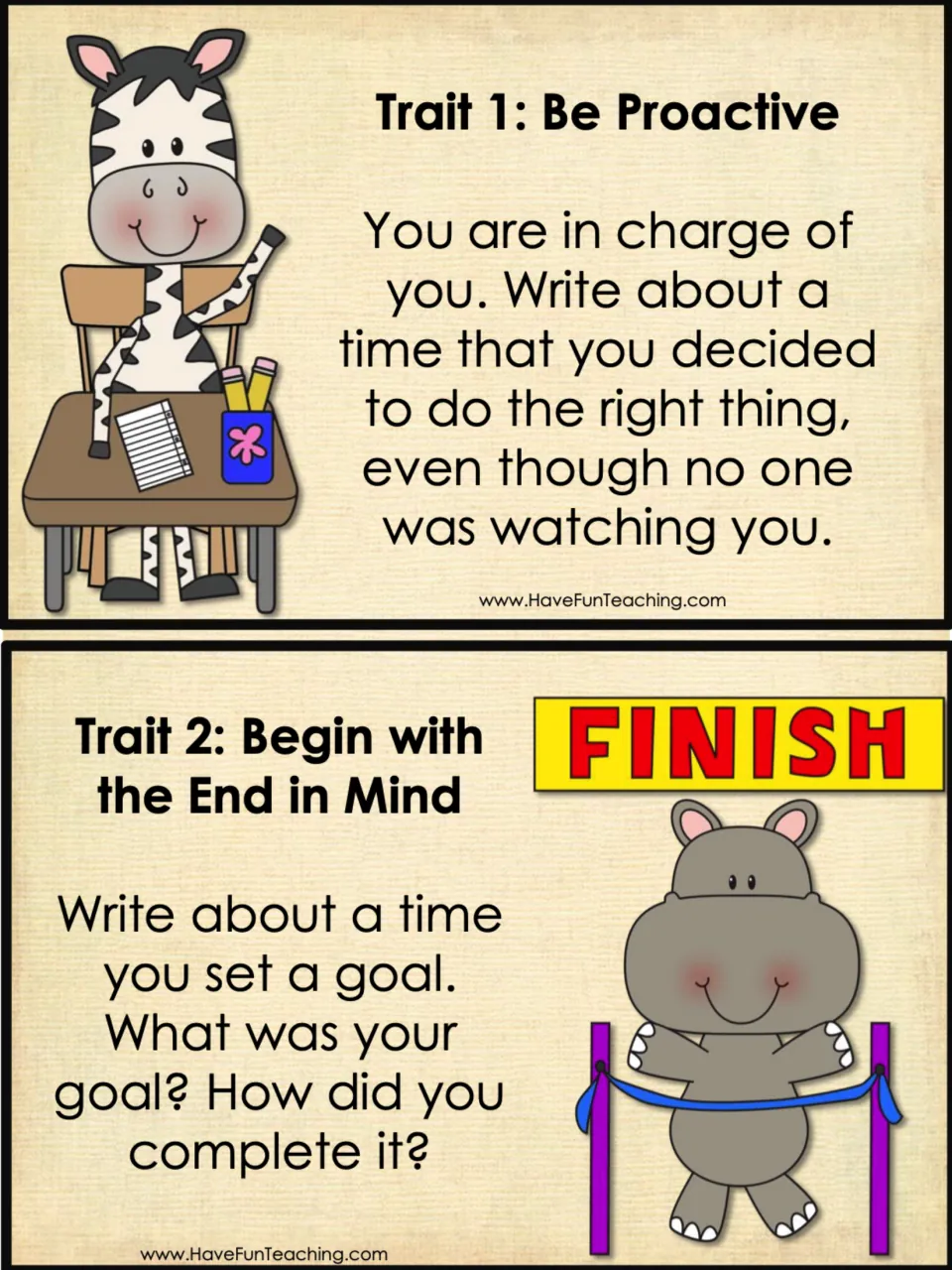 Task cards for Be Proactive and Begin with the End in Mind: students write about doing right and reaching a goal