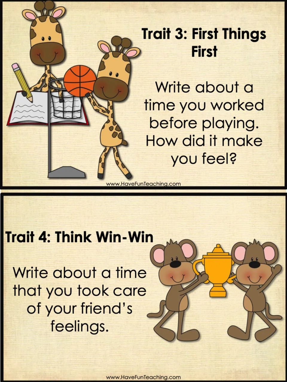 Task cards for First Things First and Think Win-Win: students write about working before playing and caring for a friend