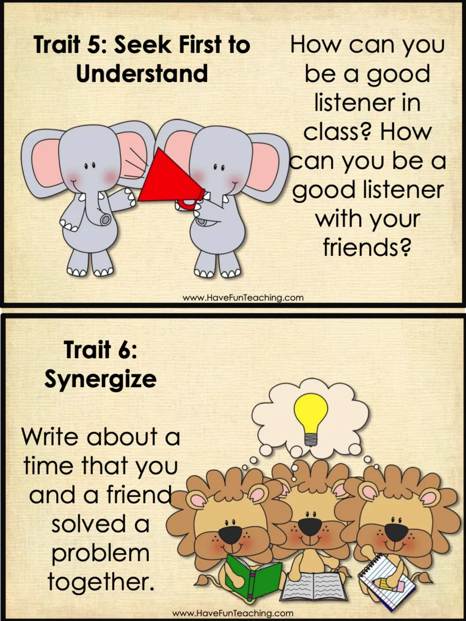 Task cards for Seek First to Understand and Synergize: students write on good listening and solving problems together
