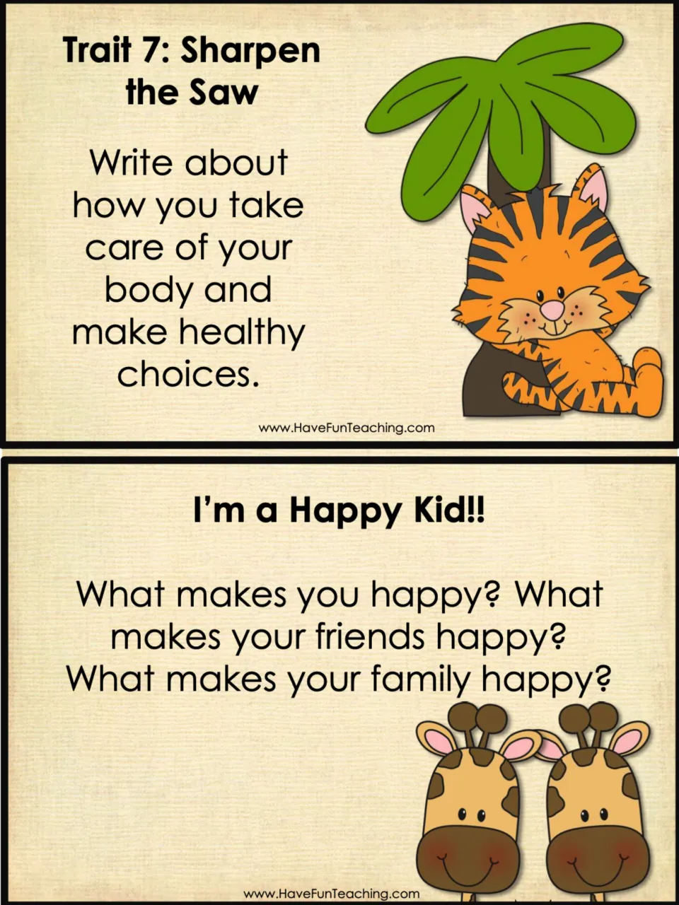 Task cards for Sharpen the Saw and I'm a Happy Kid: students write about healthy choices and what makes people happy