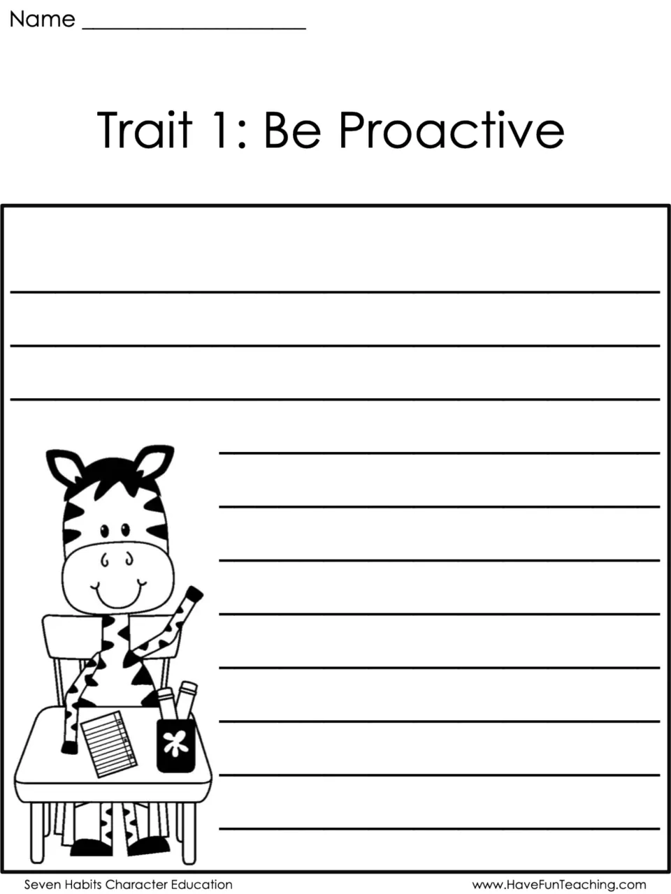 Trait 1, Be Proactive writing page: students write about a time they chose to do the right thing, with a zebra at a desk