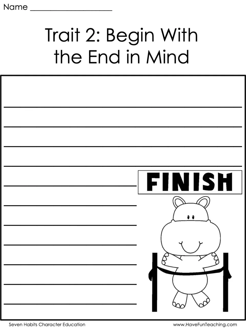 Trait 2, Begin With the End in Mind writing page: students describe a goal they set and met, with a hippo at the finish
