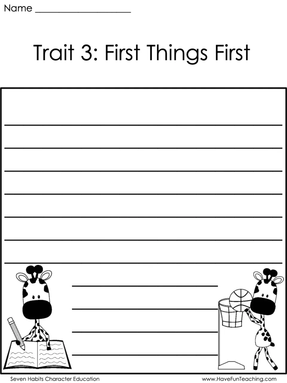 Trait 3, First Things First writing page: students tell about doing work before play, with two giraffes