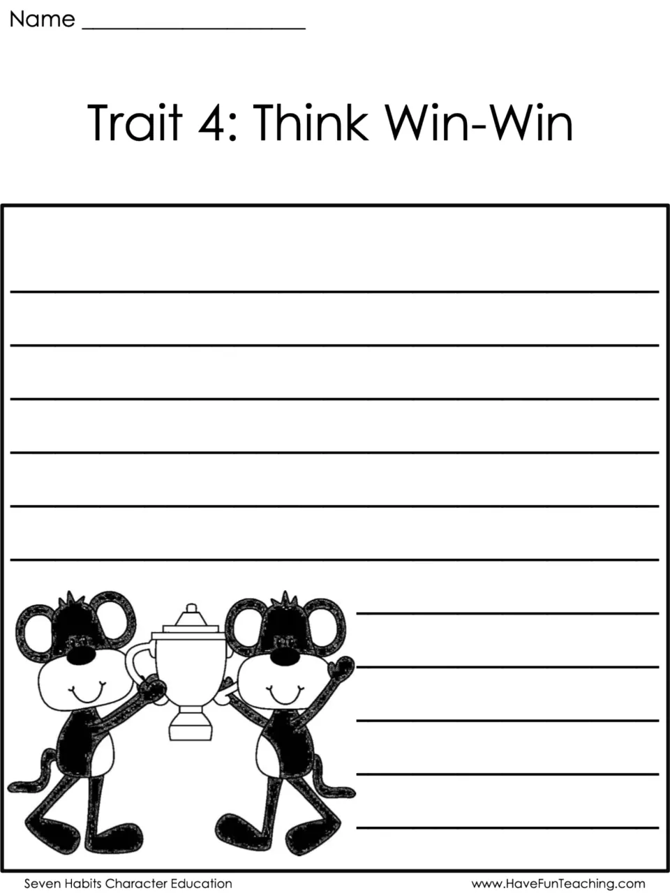 Trait 4, Think Win-Win writing page: students write about caring for a friend's feelings, with two monkeys and a trophy
