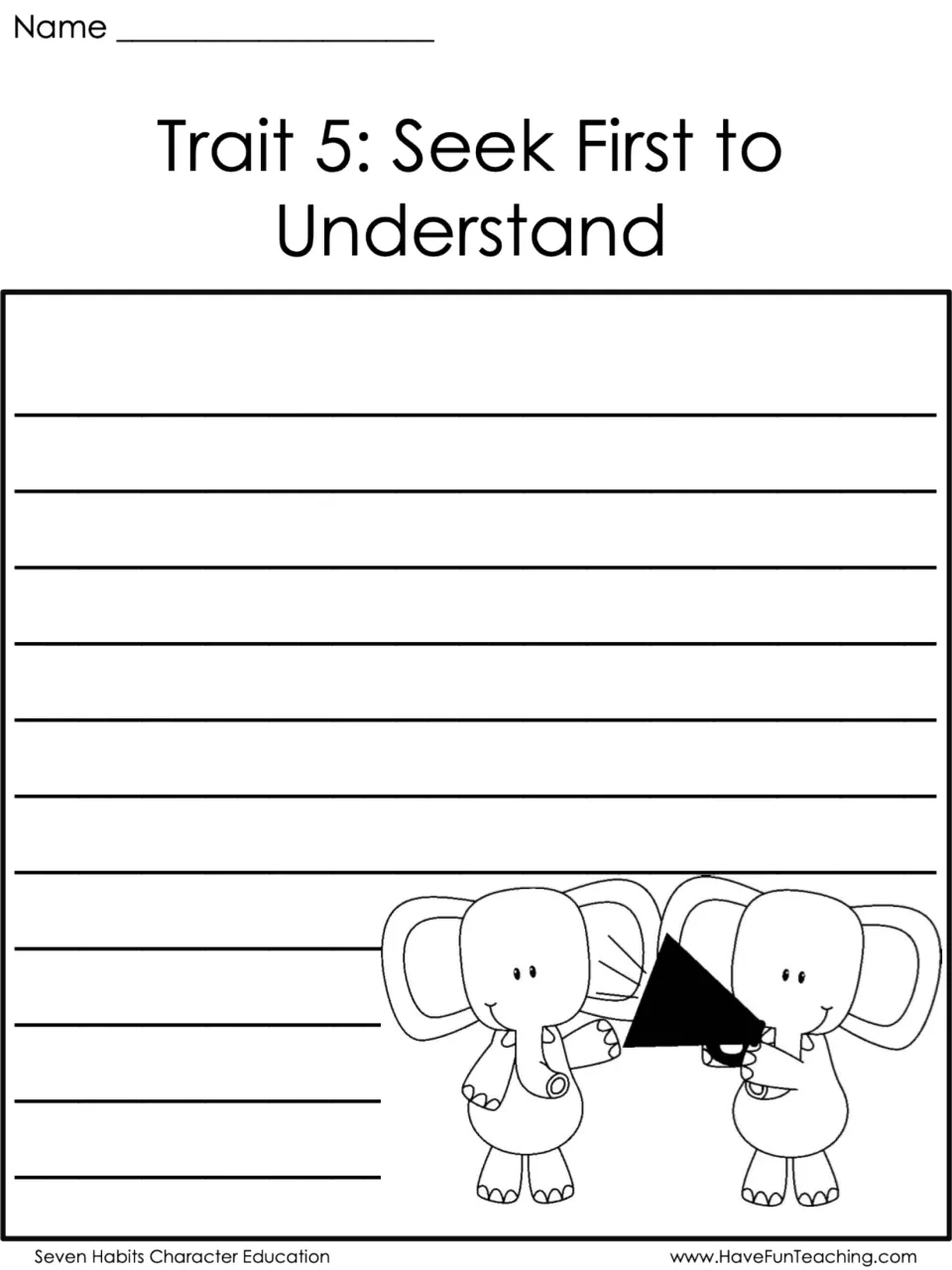 Trait 5, Seek First to Understand writing page: students explain how to be good listeners, with two elephants