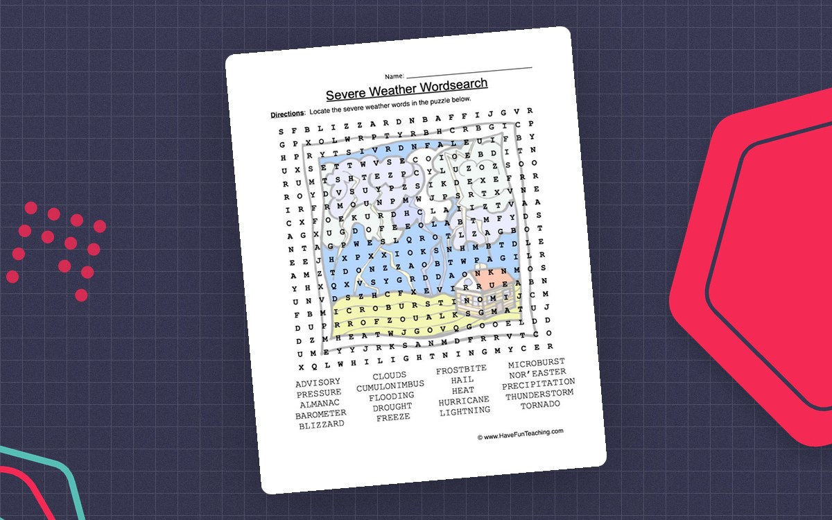 Severe Weather Word Search Worksheet preview: Large severe-weather letter grid
