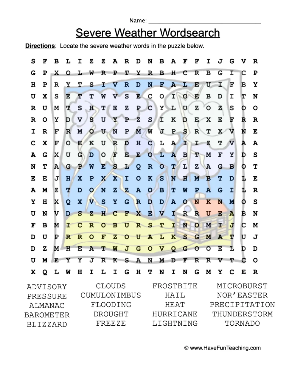 Severe weather vocabulary: students find 20 words such as blizzard, microburst, nor'easter and barometer in the puzzle