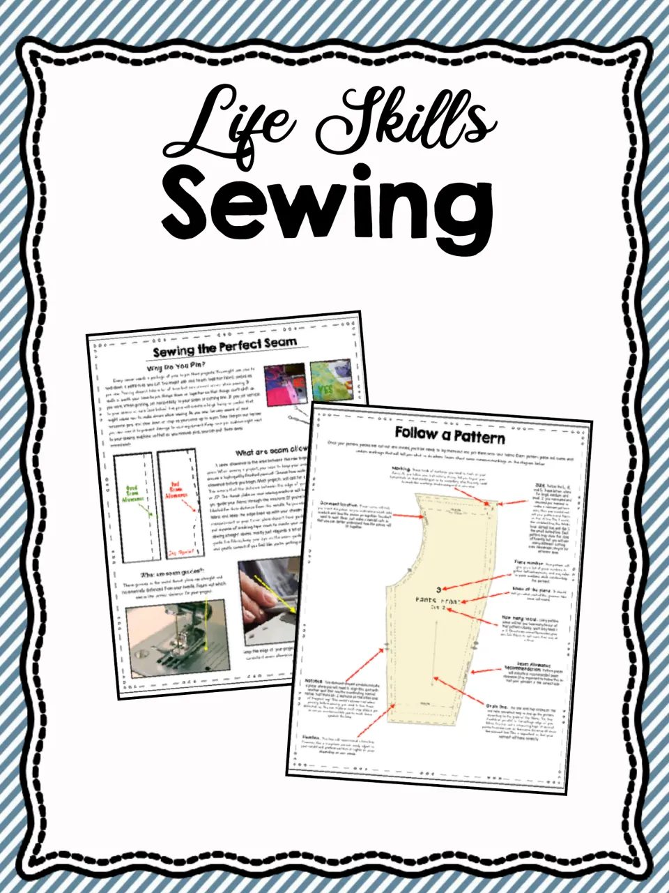 Sewing unit cover titled 'Life Skills Sewing,' showing samples on sewing a seam and following a pattern
