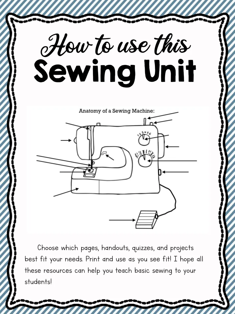 Sewing unit usage guide explains choosing handouts, quizzes, and projects and shows a sewing machine diagram