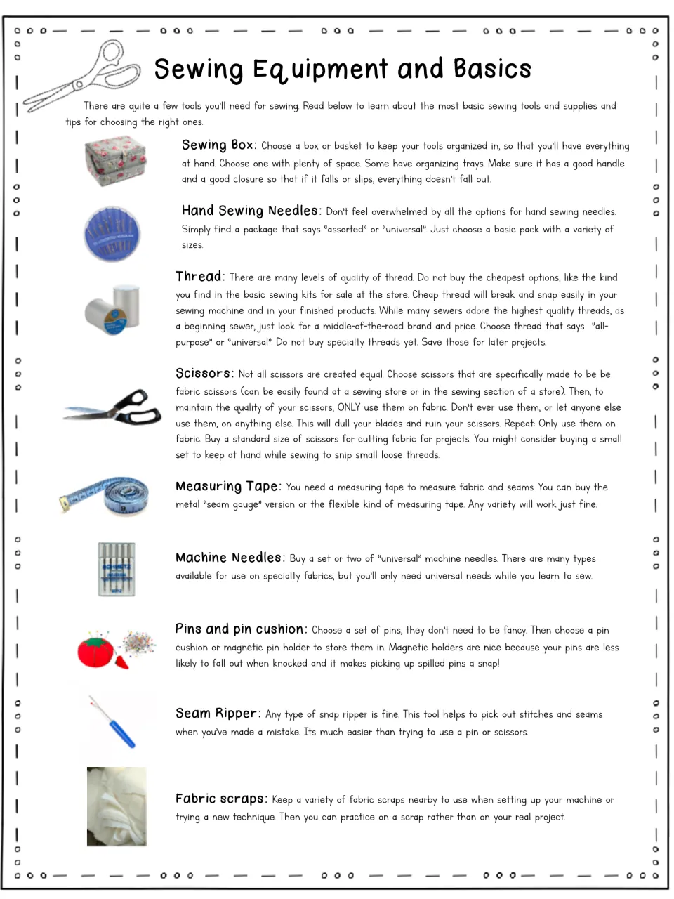 Sewing equipment handout explains choosing and using needles, thread, scissors, pins, and other basic tools