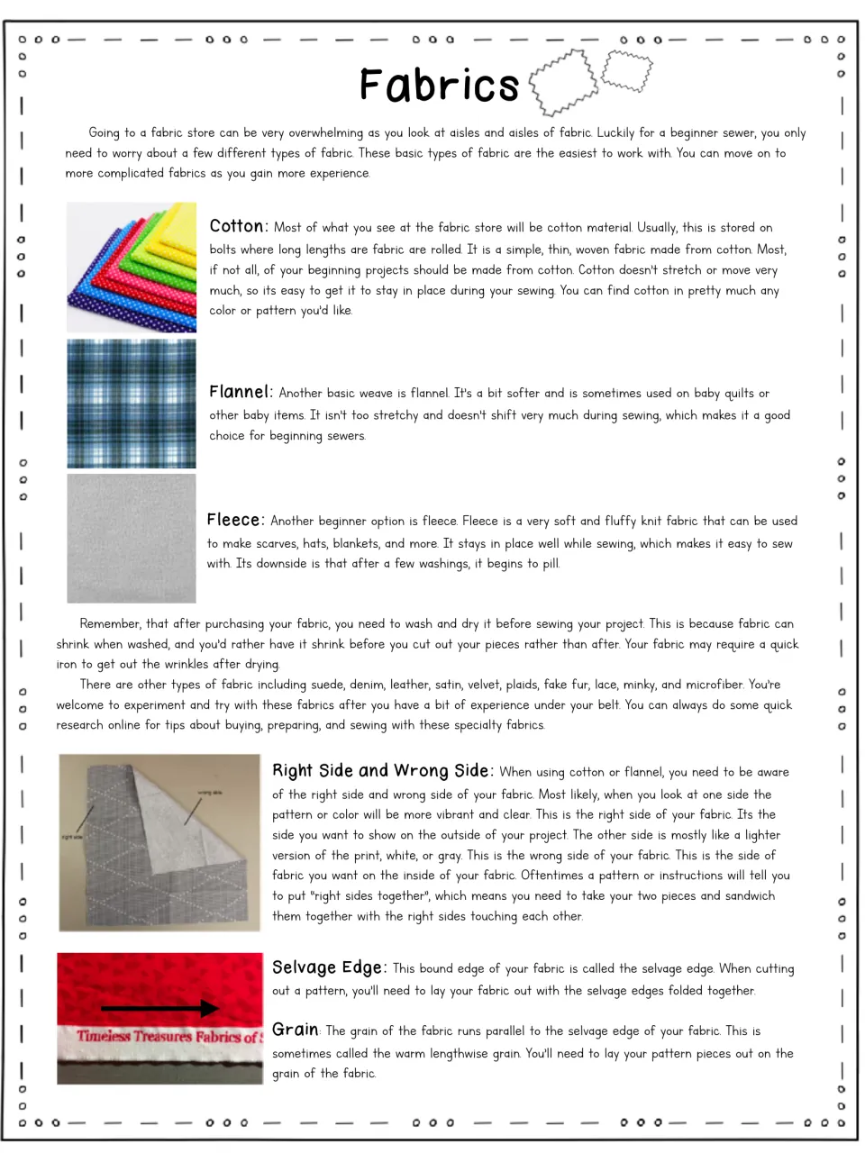 Fabric handout introduces cotton, flannel, and fleece, fabric preparation, right and wrong sides, and grain