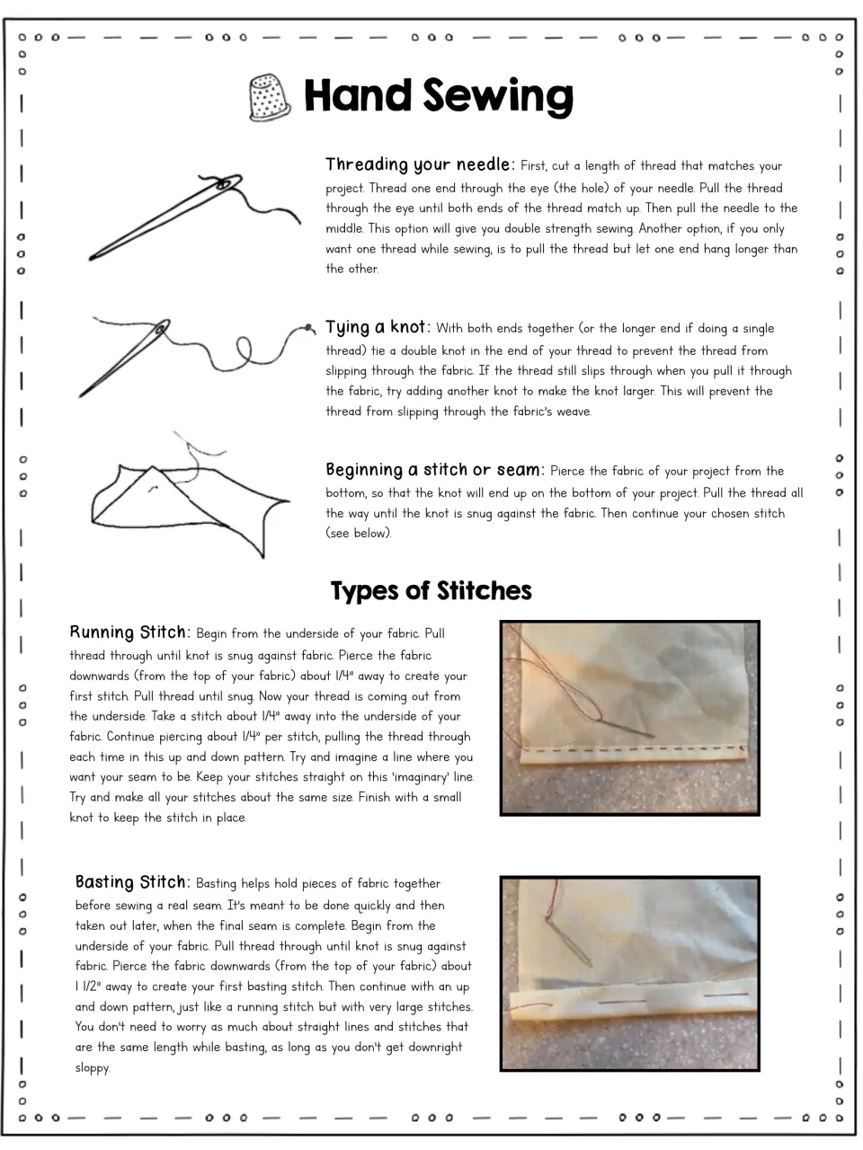 Hand sewing lesson covers threading a needle, tying a knot, beginning a seam, and running and basting stitches