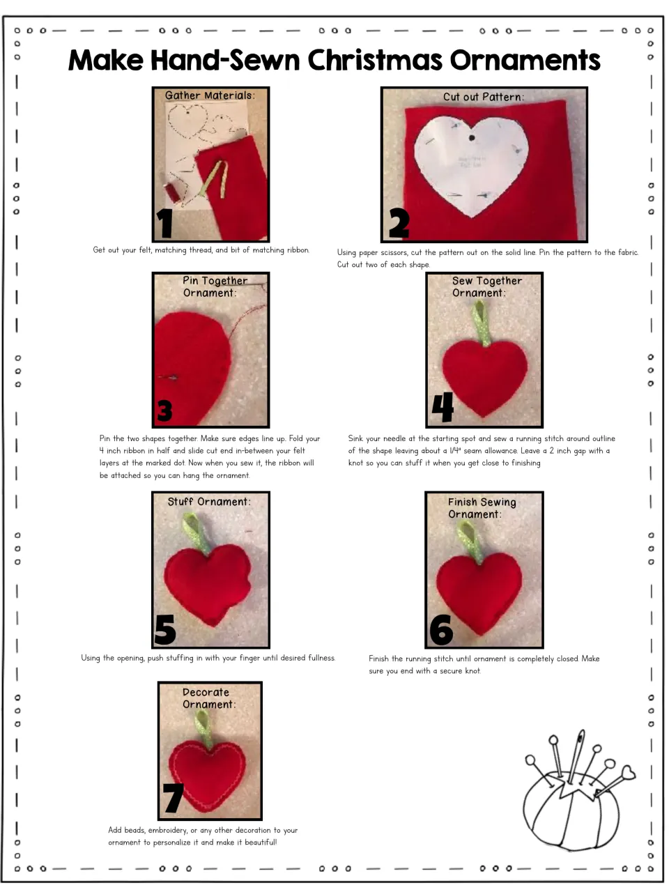 Hand-sewn Christmas ornament project gives seven steps for cutting, sewing, stuffing, and decorating felt