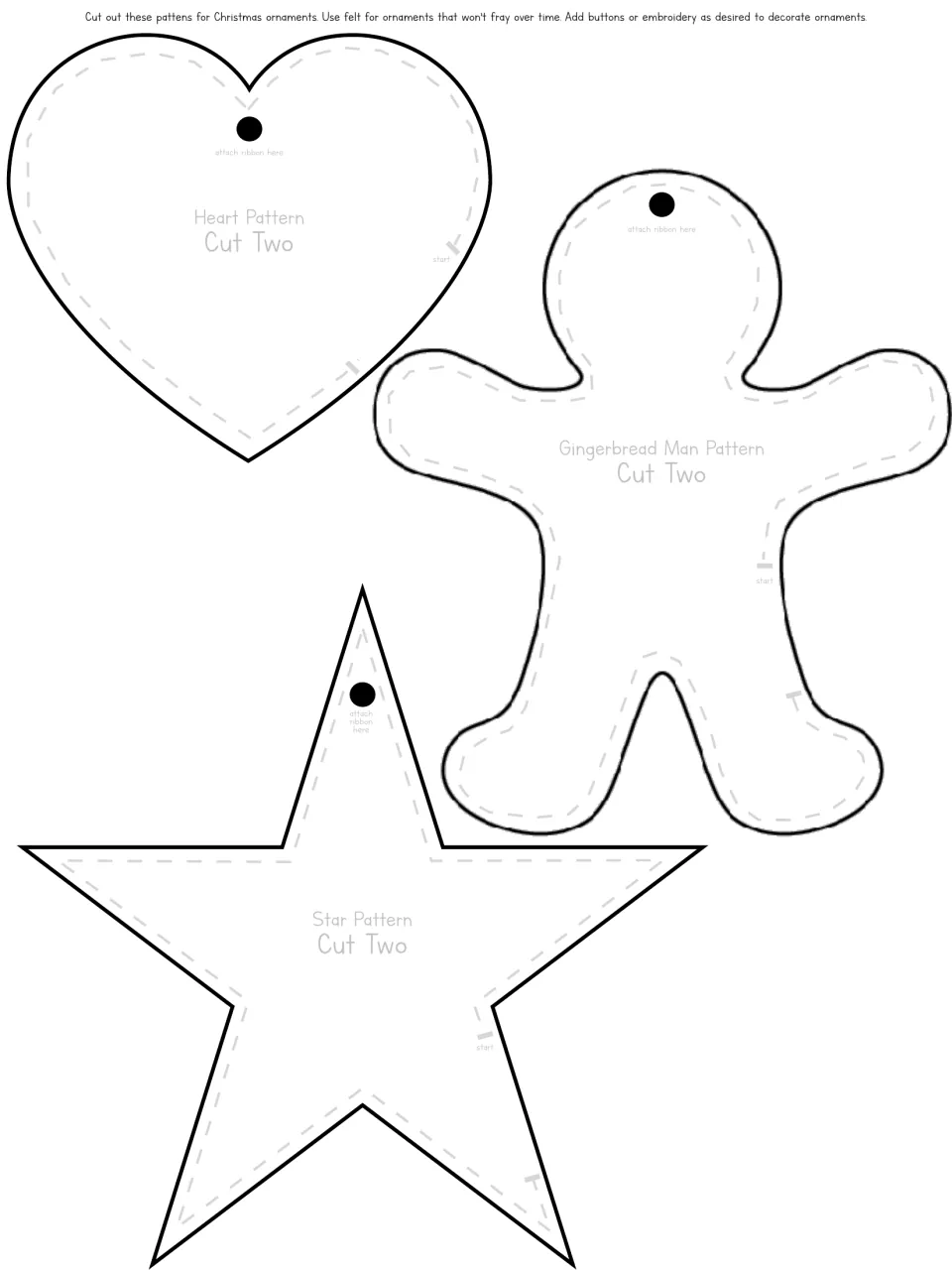 Christmas ornament patterns include a heart, gingerbread man, and star, each marked to cut two felt pieces