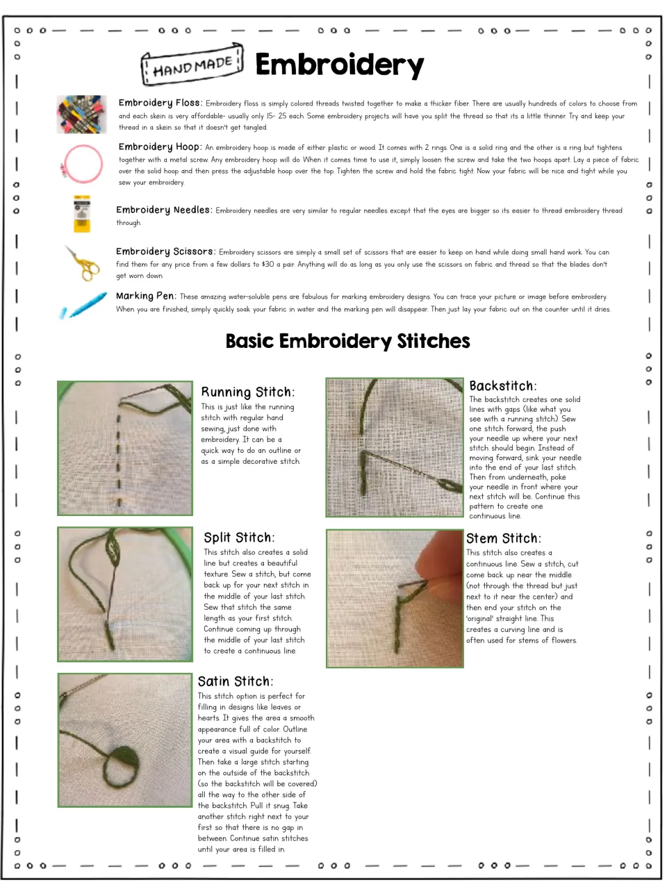 Embroidery lesson introduces supplies and five stitches: running, backstitch, split, stem, and satin