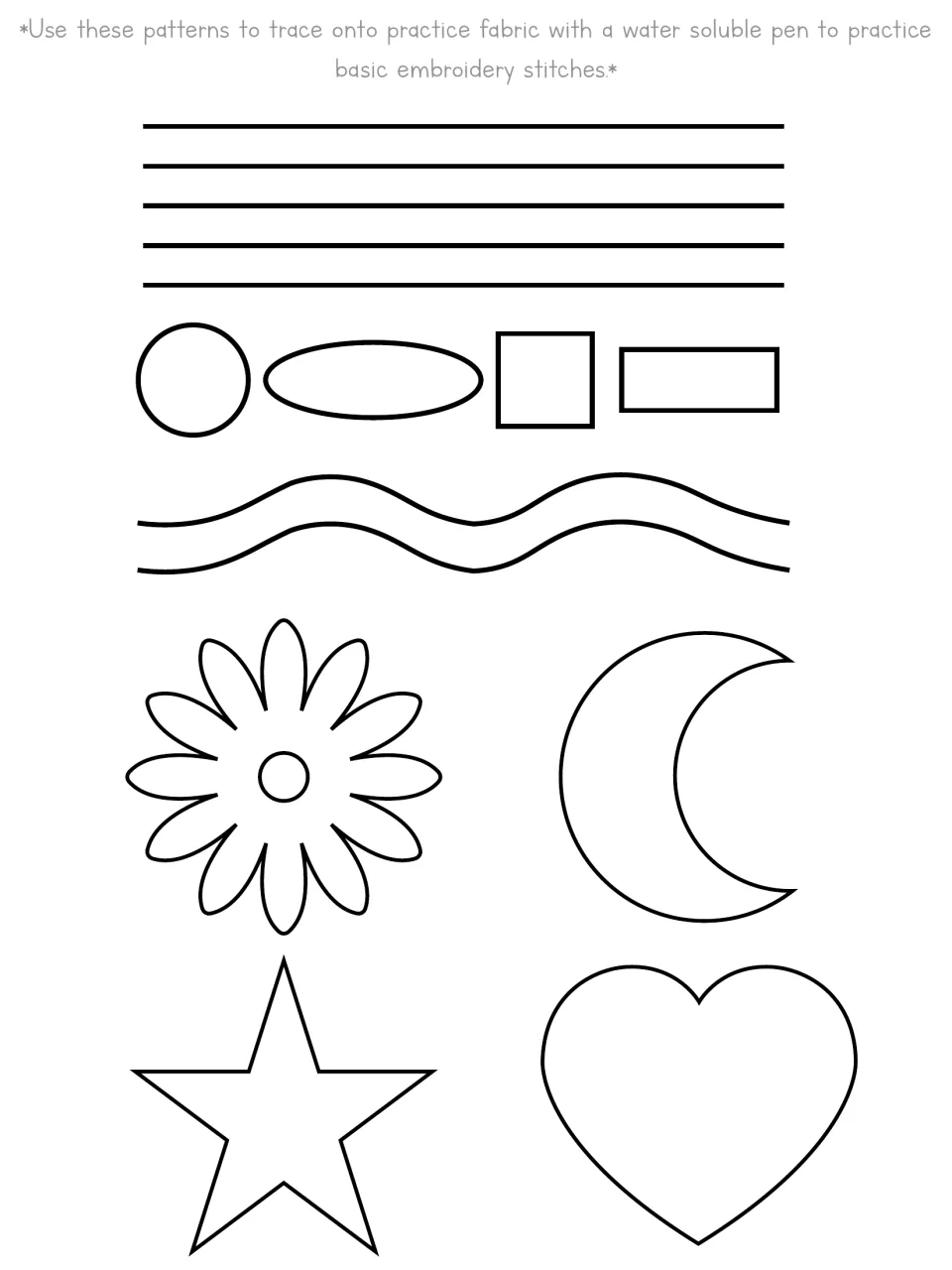 Embroidery practice template provides straight and curved paths, basic shapes, a flower, moon, star, and heart