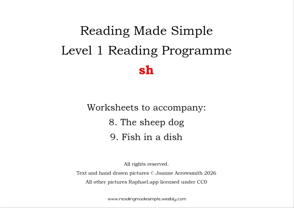 SH worksheet packet cover for Level 1 reading books 8, The sheep dog, and 9, Fish in a dish