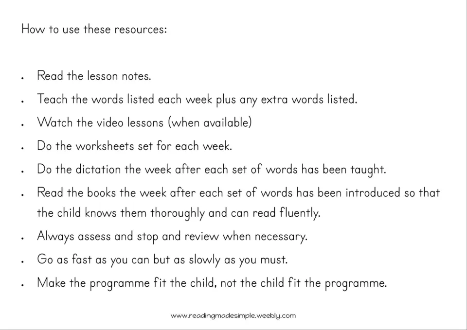 SH packet instructions cover lesson notes, weekly words, videos, worksheets, dictation, reading, and review