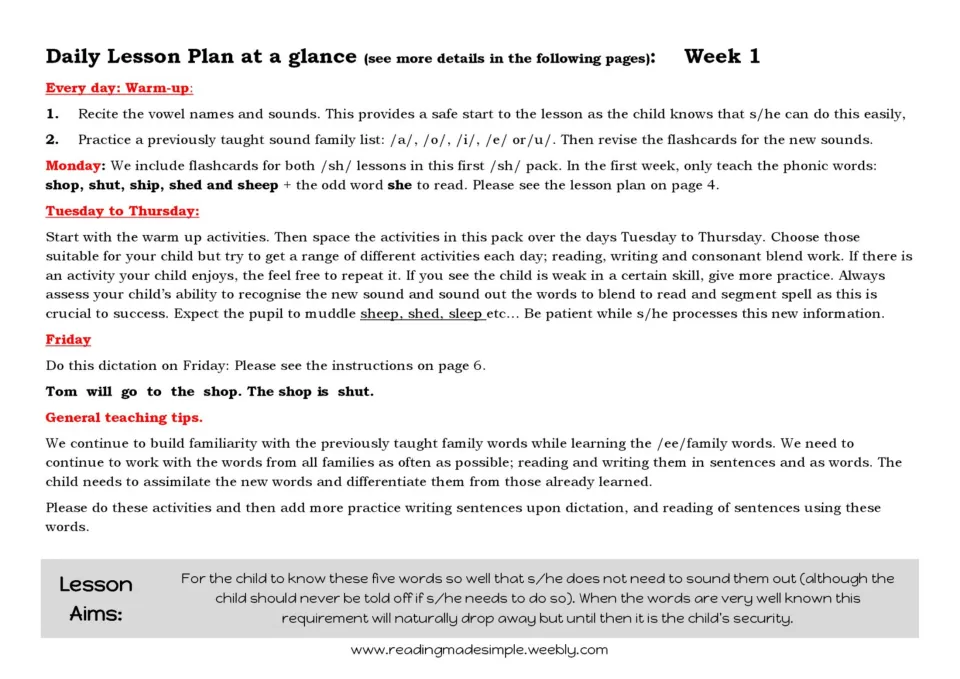 Week 1 SH lesson plan introduces shop, shut, ship, shed, sheep, and she, with warm-ups and Friday dictation