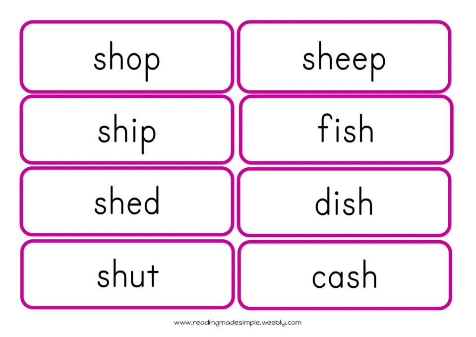 First SH word flashcard sheet contains eight words: shop, sheep, ship, fish, shed, dish, shut, and cash