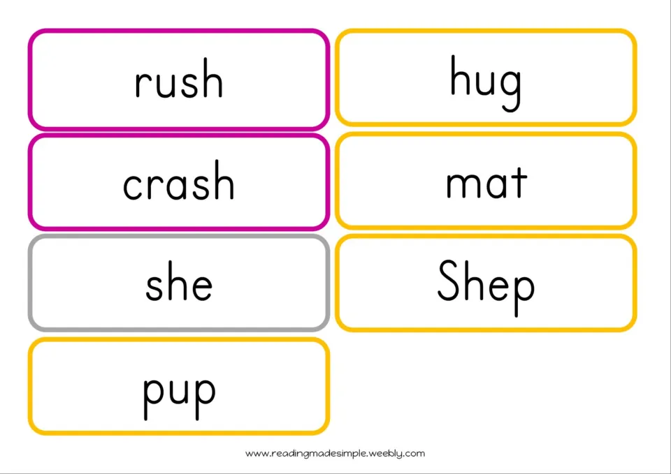 Second SH lesson flashcard sheet contains seven words: rush, hug, crash, mat, she, Shep, and pup