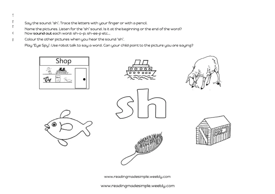 SH sound practice uses shop, ship, sheep, fish, brush, and shed pictures for naming, coloring, and Eye Spy