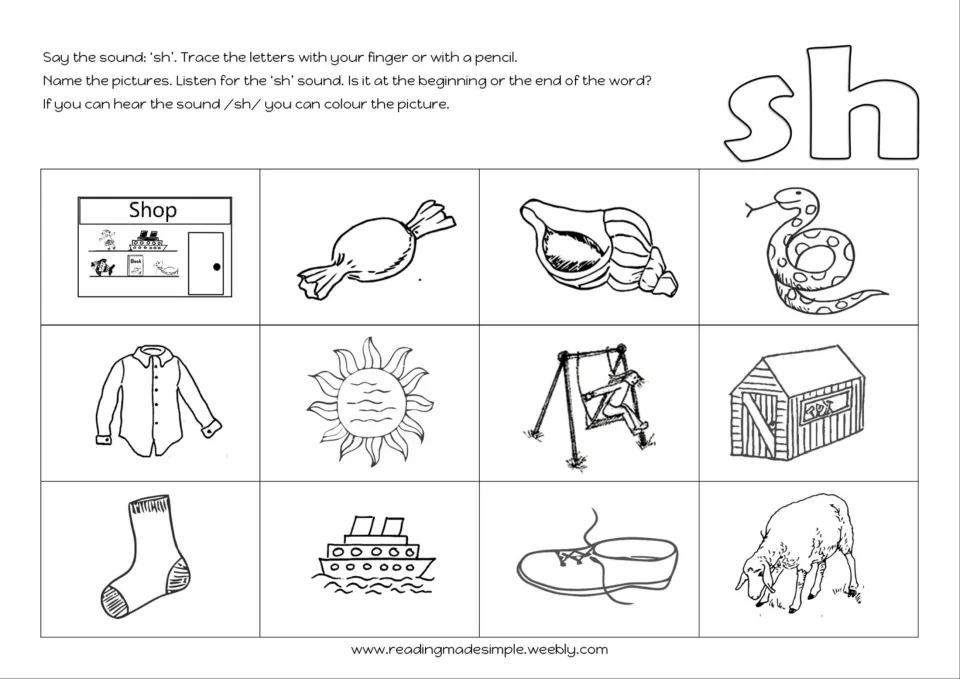 SH sound identification asks children to name 12 pictures and color those with SH, including a shell and shoe