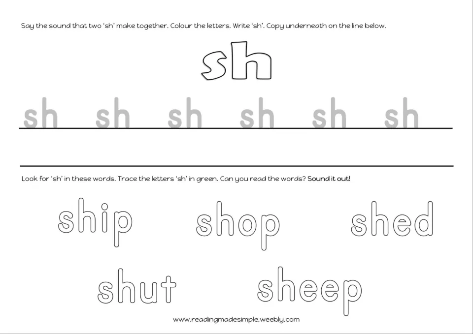 SH handwriting practice asks children to trace and copy sh, then find it in ship, shop, shed, shut, and sheep
