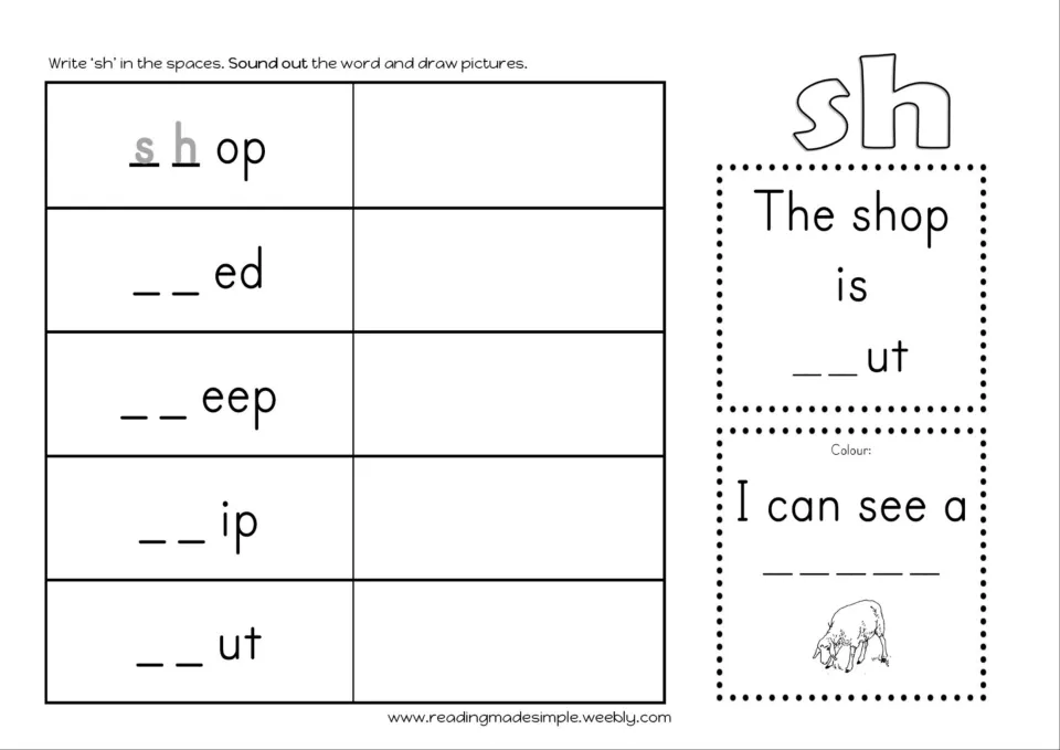 SH spelling practice completes shop, shed, sheep, ship, and shut, adds drawings, and finishes two sentences