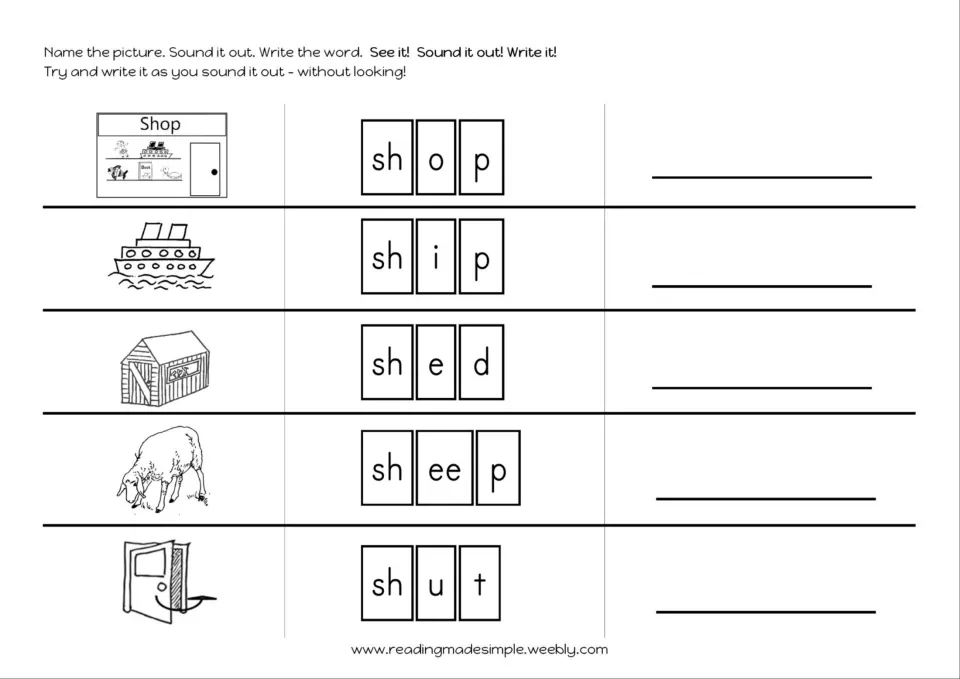 SH spelling practice pairs pictures with segmented shop, ship, shed, sheep, and shut for sounding out and writing