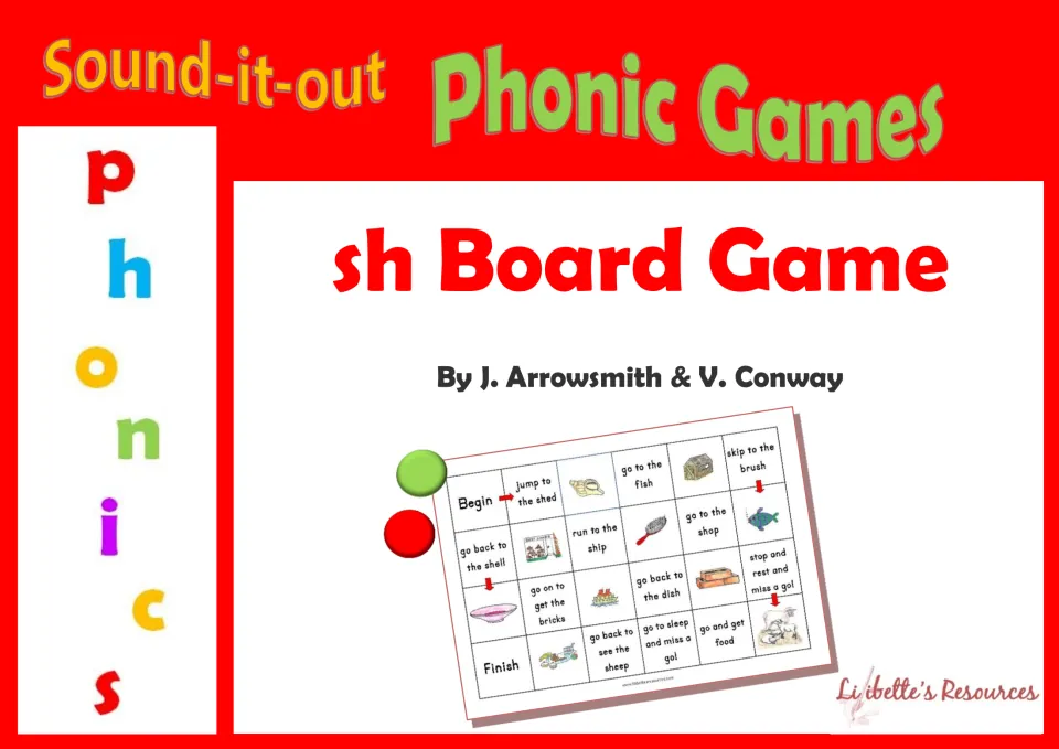 Cover of Sound-it-out Phonic Games: sh Board Game, showing the picture board with Begin and Finish and two counters