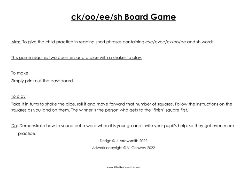 Teacher notes for a ck/oo/ee/sh board game: aim of reading short phrases, materials, how to make it and rules of play