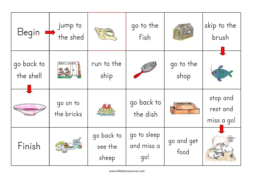Game board: players read sh phrases such as go to the fish, run to the ship and see the sheep, moving from Begin to Finish