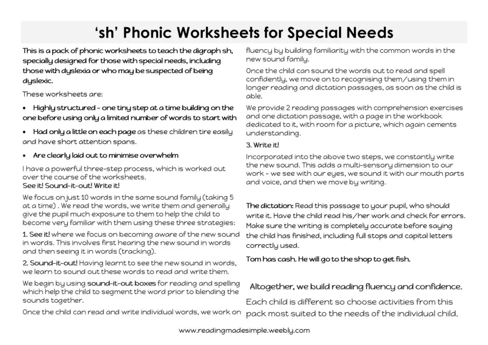 Teacher notes for the sh digraph pack: the See it, Sound-it-out, Write it method and a dictation passage