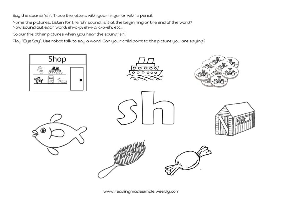 sh sound picture hunt: students trace sh, name shop, ship, cash, fish, shed and brush, and say if sh is at the start or end