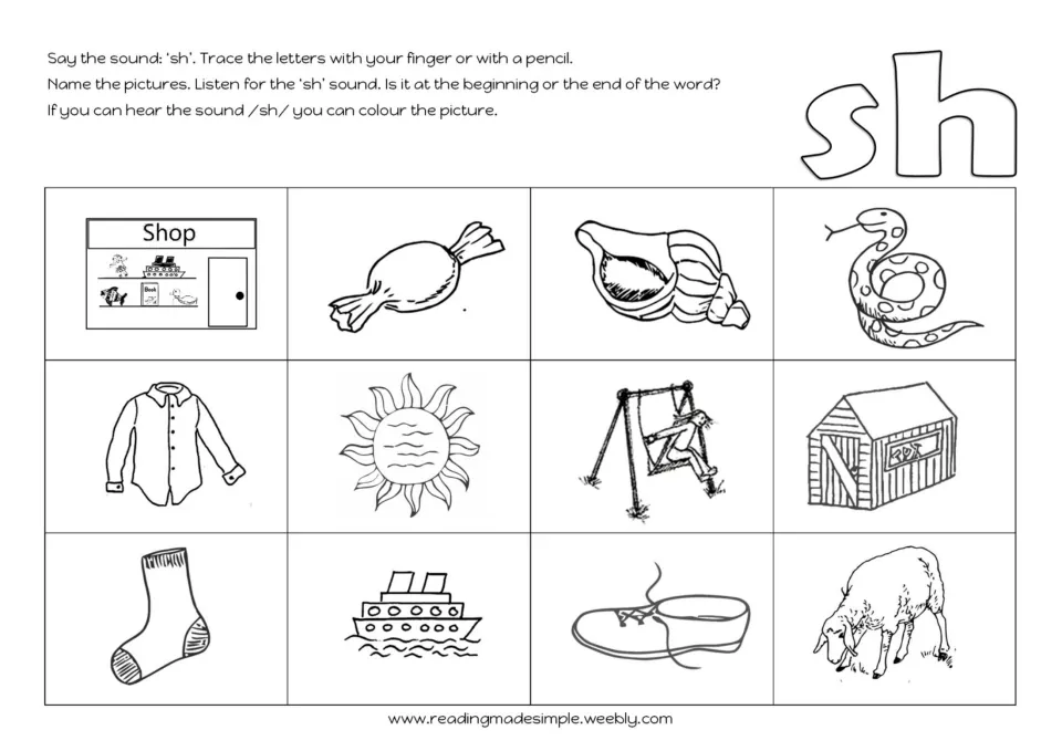 Hearing sh: students name 12 pictures such as shirt, shell, sock, sheep and shoe, then colour those with the /sh/ sound