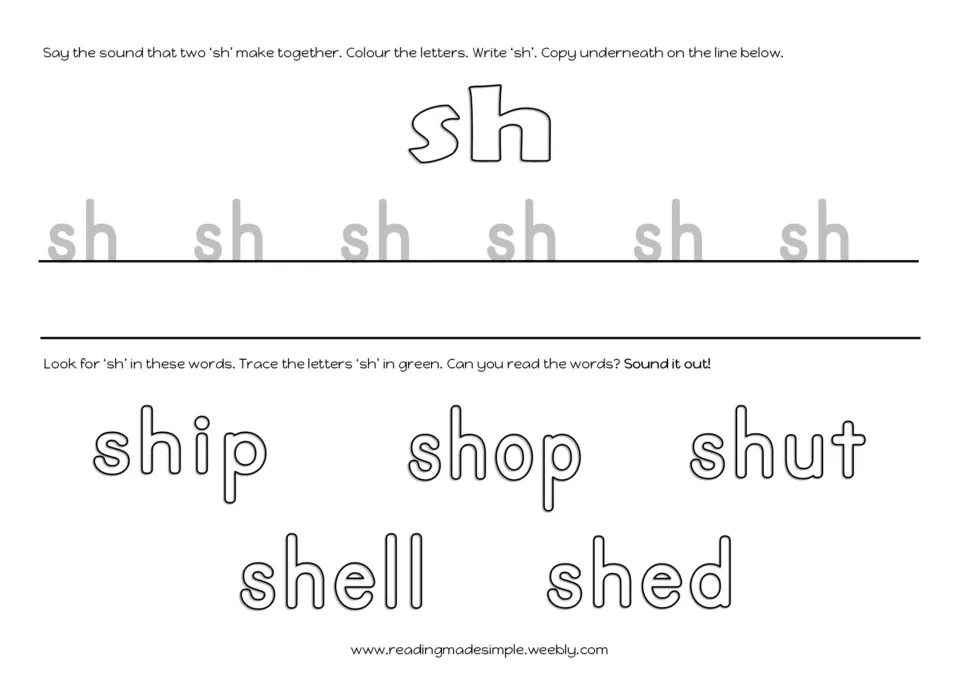 Tracing sh: students colour sh, copy it on a line, then trace sh in green in ship, shop, shut, shell and shed