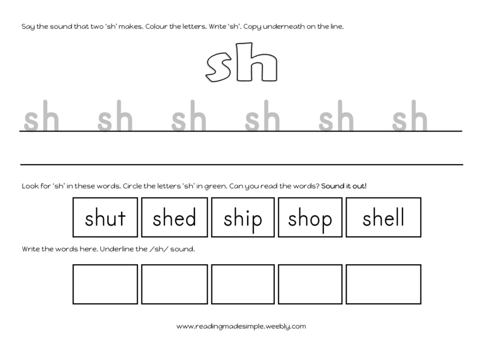 Spotting sh: students write sh, circle it in green in shut, shed, ship, shop and shell, then copy and underline each word
