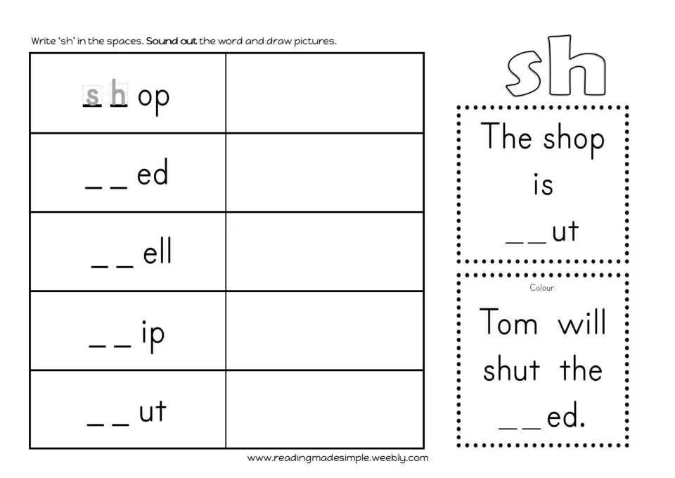 Missing sh: students write sh to finish shop, shed, shell, ship and shut, draw each word and complete two short sentences
