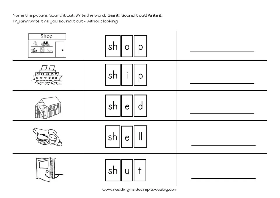 Sound-it-out boxes: students name pictures of shop, ship, shed, shell and shut, blend the letters and write each word