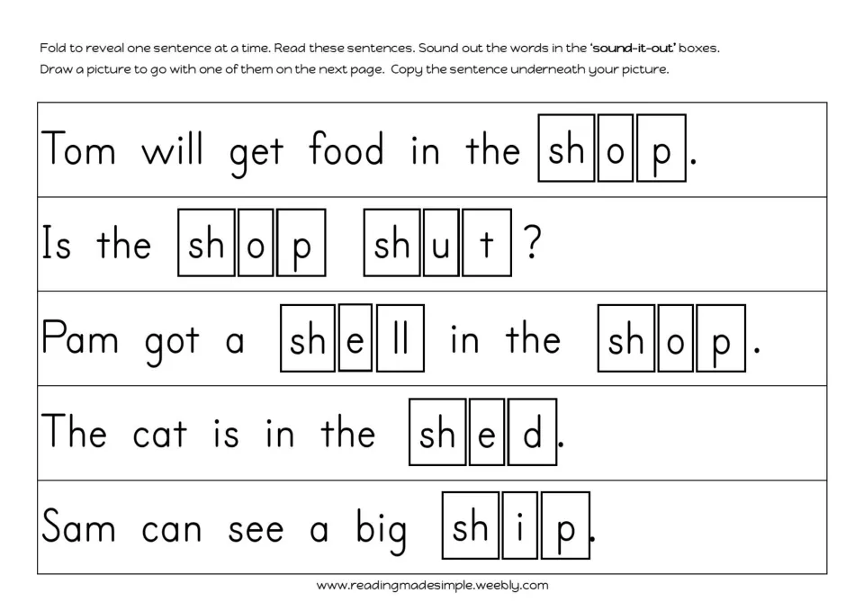 Reading sh sentences: students read five sentences such as Is the shop shut? and blend sh words in sound-it-out boxes
